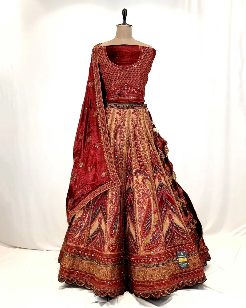 Kashmiri Embroidered Red and Gold Velvet Bridal Lehenga SZL8507 - Patel Brothers NX 8