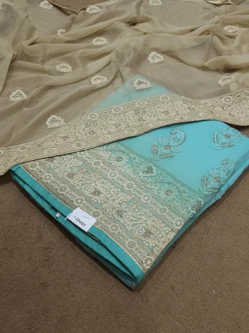 Aqua Blue Shaded Chiffon Embroidered Unstitched Suit Ekta-5051 - Patel Brothers NX