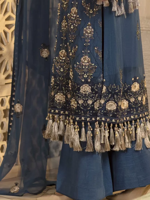 Pale Royal Blue Pure Chiffon Suit with All-Over Resham Embroidery and Zardozi Handwork - Patel Brothers NX 4