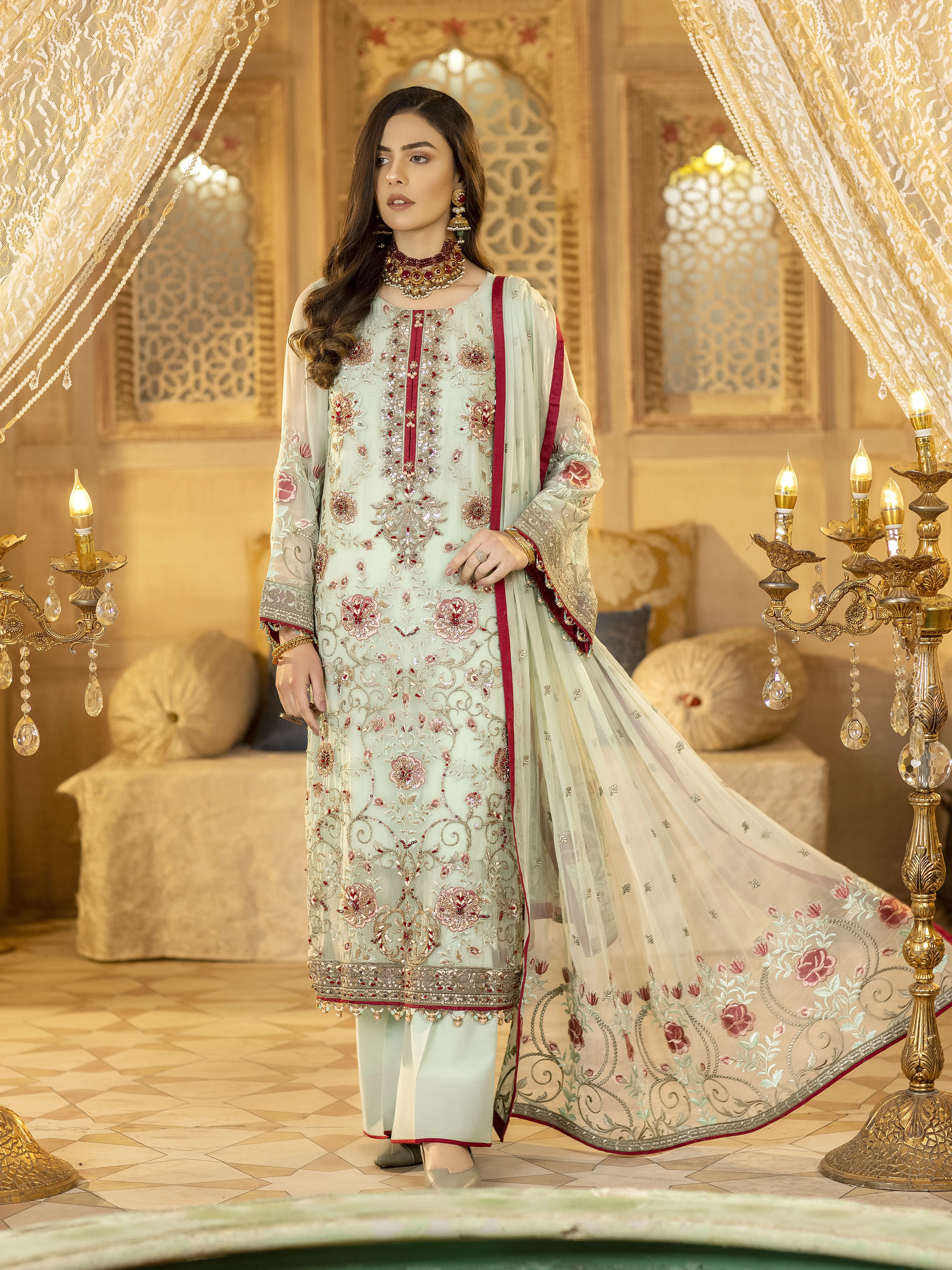 Light Teal Pure Chiffon Suit with All-Over Resham Embroidery and Zardozi Handwork - Patel Brothers NX 3 Light Teal Pure Chiffon Suit with All-Over Resham Embroidery and Zardozi Handwork - Patel Brothers NX 3