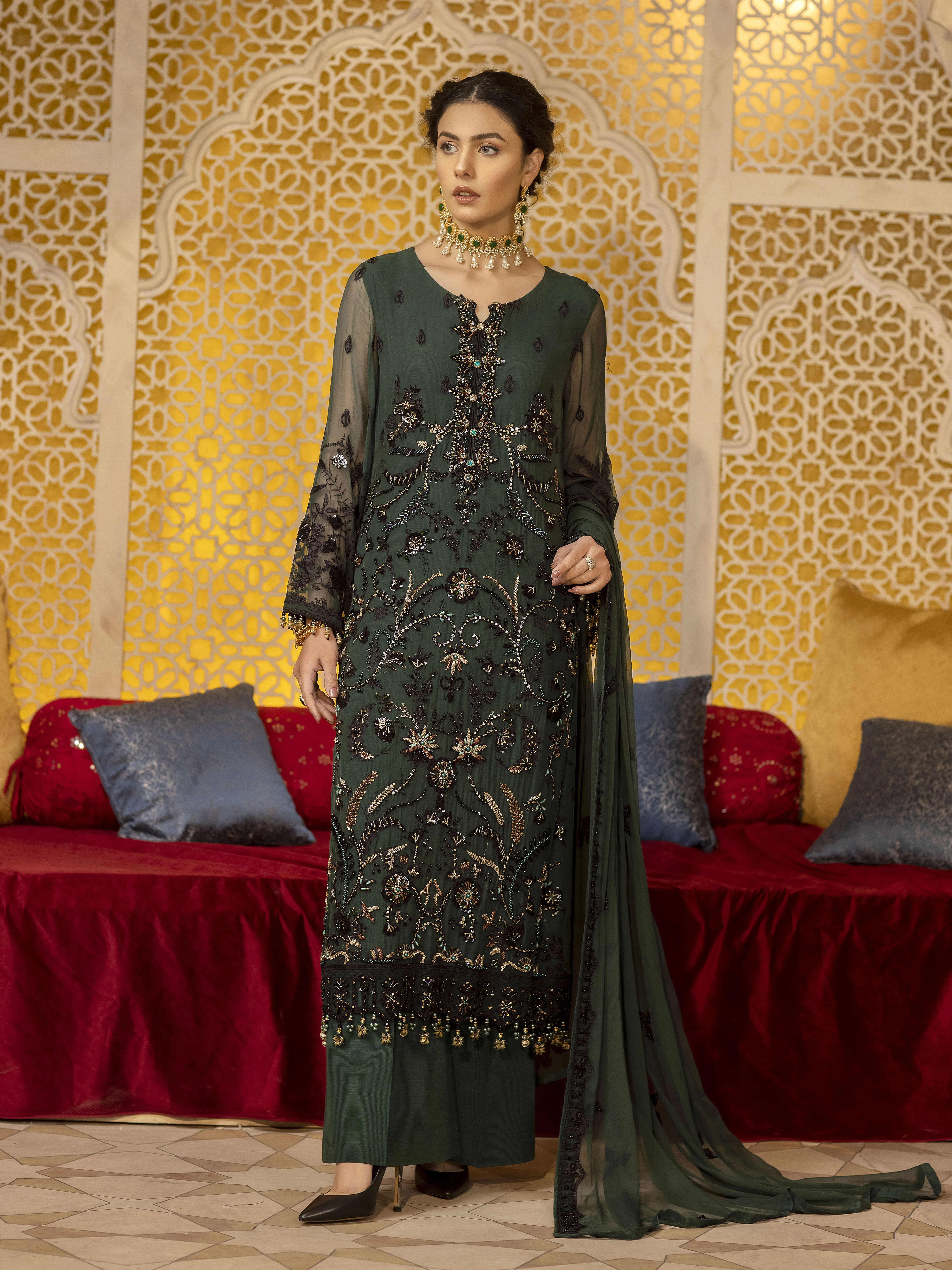 Deep Olive Green Pure Chiffon Suit with All-Over Resham Embroidery and Zardozi Handwork - Patel Brothers NX 3 Deep Olive Green Pure Chiffon Suit with All-Over Resham Embroidery and Zardozi Handwork - Patel Brothers NX 3