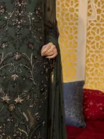 Deep Olive Green Pure Chiffon Suit with All-Over Resham Embroidery and Zardozi Handwork - Patel Brothers NX 8