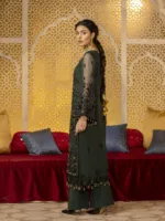 Deep Olive Green Pure Chiffon Suit with All-Over Resham Embroidery and Zardozi Handwork - Patel Brothers NX 7