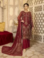 Maroon Red Pure Chiffon Suit with Resham Embroidery and Zardozi Handwork - Patel Brothers NX 6