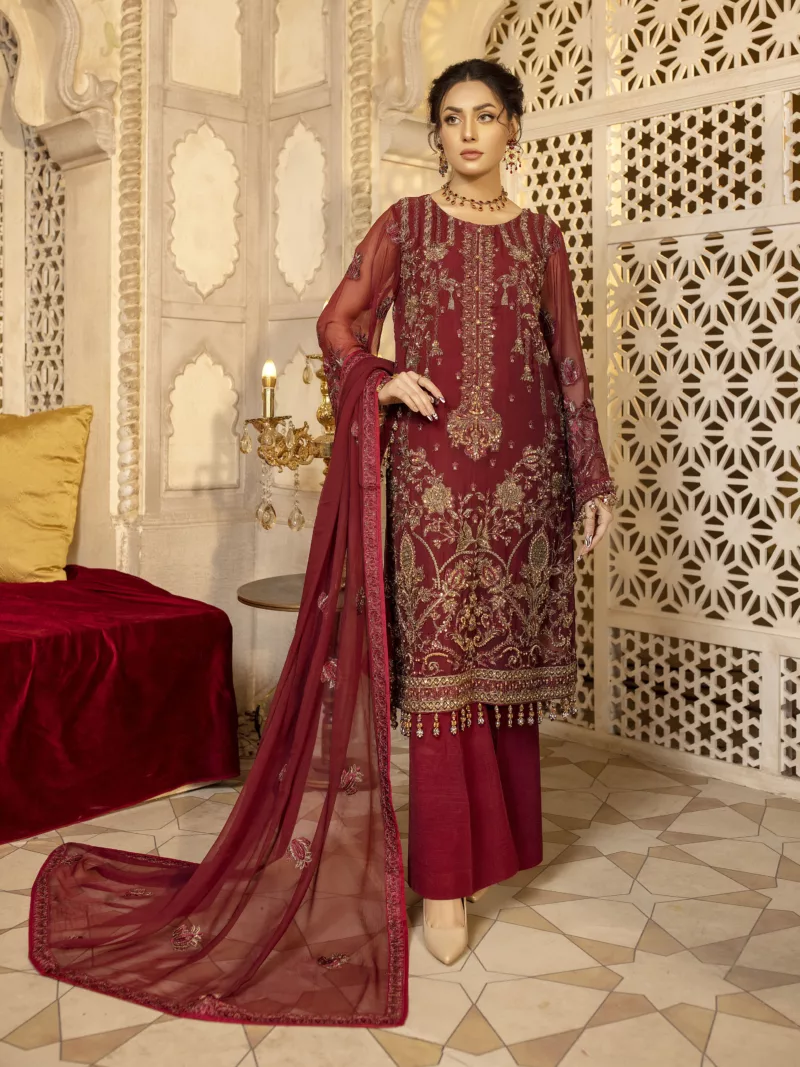 Maroon Red Pure Chiffon Suit with Resham Embroidery and Zardozi Handwork - Patel Brothers NX 3