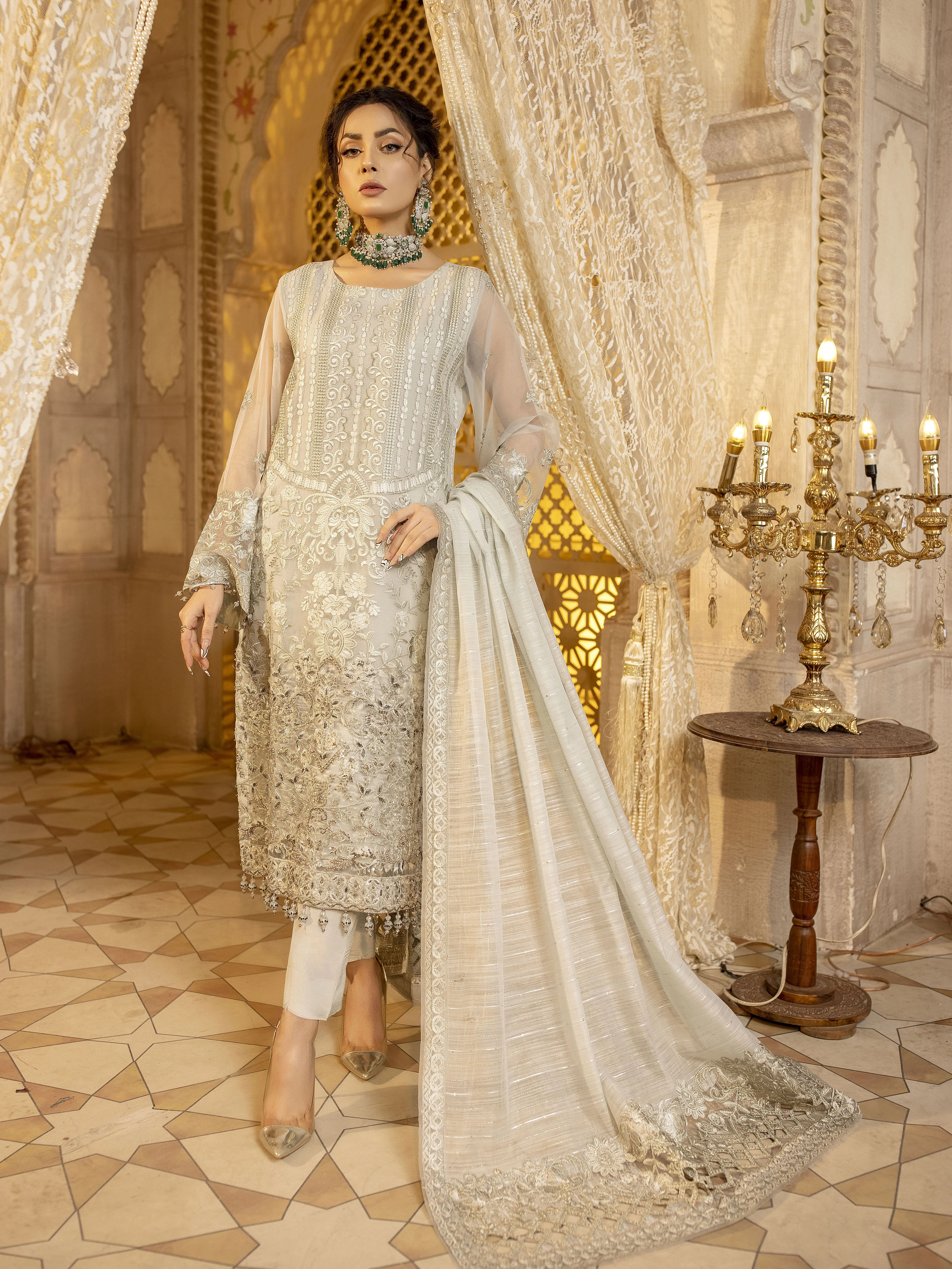 Champagne Organza Suit with Resham Embroidery and Zardozi Handwork - Patel Brothers NX 3 Champagne Organza Suit with Resham Embroidery and Zardozi Handwork - Patel Brothers NX 3