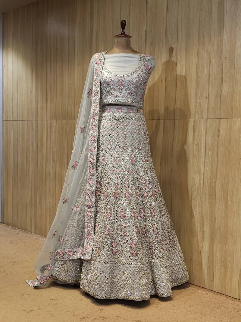 Light Grey Multi Embroidered Bridal LehengaSZL9098 - Patel Brothers NX 3