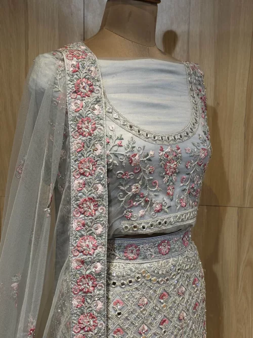 Light Grey Multi Embroidered Bridal LehengaSZL9098 - Patel Brothers NX 3