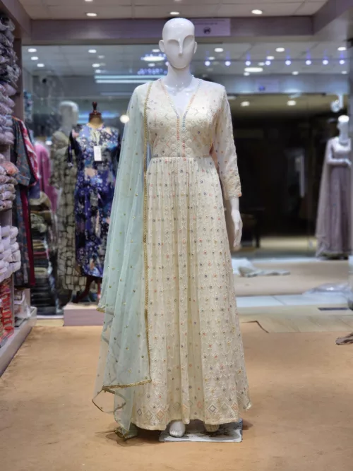 Elegant Off-White Georgette Dress | Self Lakhnavi Embroidery with a Touch of Fluorescent Threads EXC220 - Patel Brothers NX