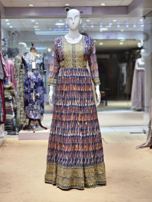 Stylish Georgette Long Dress in Gray, Red & Blue Tear Drop Print EXC226 - Patel Brothers NX