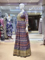 Stylish Georgette Long Dress in Gray, Red & Blue Tear Drop Print EXC226 - Patel Brothers NX 10