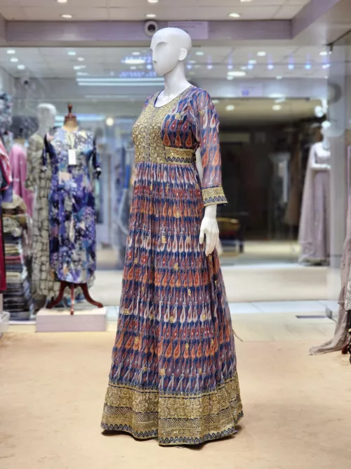 Stylish Georgette Long Dress in Gray, Red & Blue Tear Drop Print EXC226 - Patel Brothers NX 3