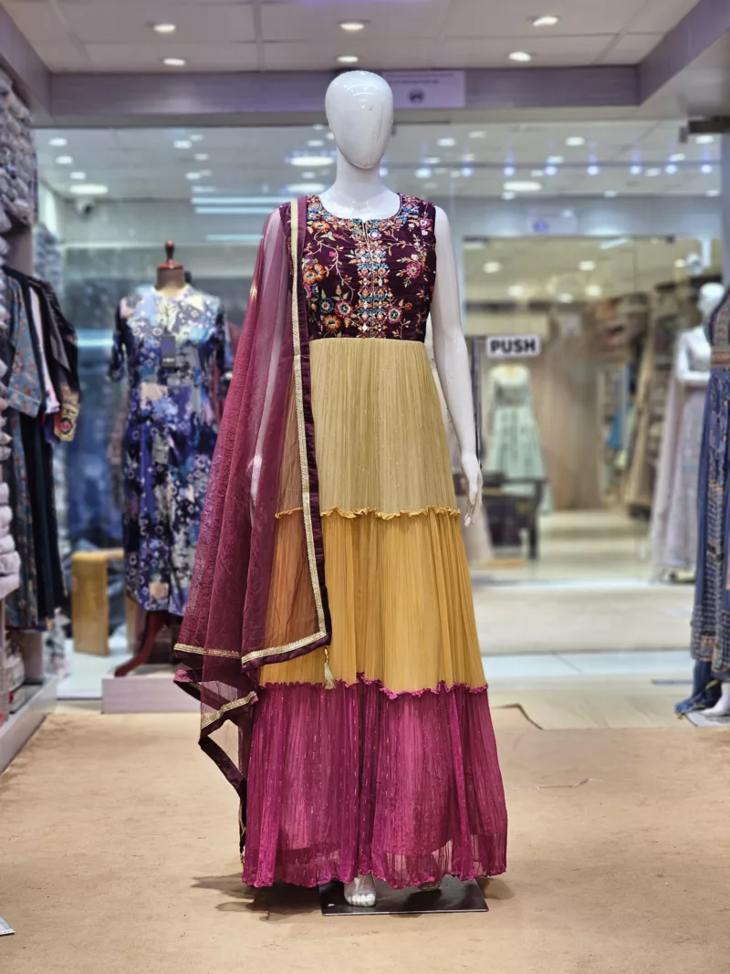 Elegant Beige & Maroon Long Georgette Dress Multi-Color Frills & Tiered Panels EXC228 - Patel Brothers NX 3