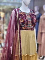 Elegant Beige & Maroon Long Georgette Dress Multi-Color Frills & Tiered Panels EXC228 - Patel Brothers NX 9