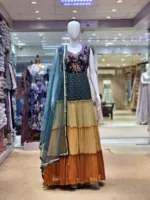 Elegant Dark Sea Green & Beige Long Georgette Dress Multi-Color Frills & Tiered Panels EXC229 - Patel Brothers NX 11