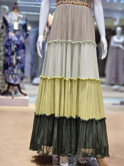 Chic Beige & Dark Olive Green Long Georgette Dress Multi-Color Frills & Tiered Panels EXC232 - Patel Brothers NX 3