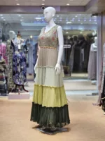 Chic Beige & Dark Olive Green Long Georgette Dress Multi-Color Frills & Tiered Panels EXC232 - Patel Brothers NX 11