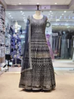 Dark Charcoal Gray Kashmiri-Style Contrast Embroidered Long Party Gown EXC8414 - Patel Brothers NX 7