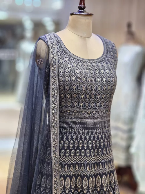 Dark Charcoal Gray Kashmiri-Style Contrast Embroidered Long Party Gown EXC8414 - Patel Brothers NX 2