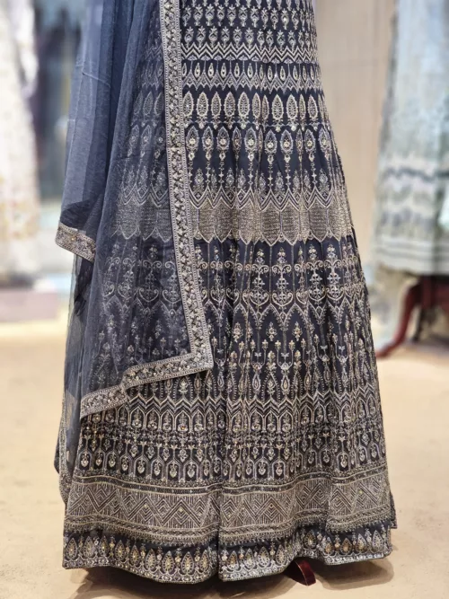 Dark Charcoal Gray Kashmiri-Style Contrast Embroidered Long Party Gown EXC8414 - Patel Brothers NX 3