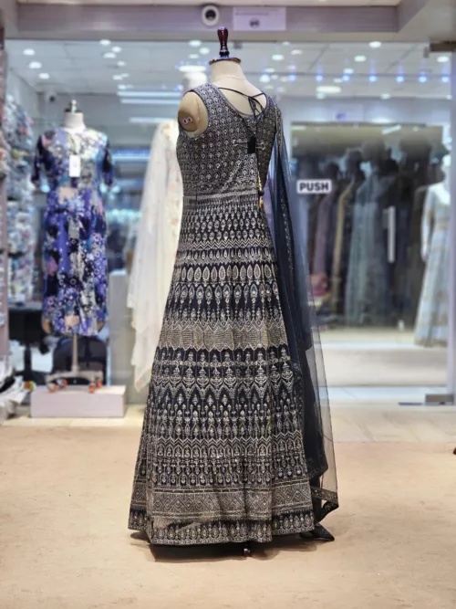 Dark Charcoal Gray Kashmiri-Style Contrast Embroidered Long Party Gown EXC8414 - Patel Brothers NX 4