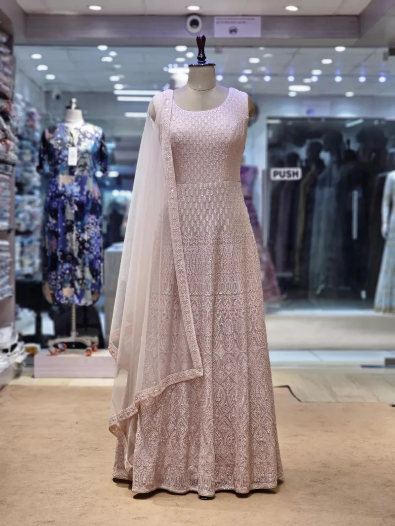 Light Rose Pink Kashmiri Style Embroidered Party Gown EXC8444 - Patel Brothers NX 3