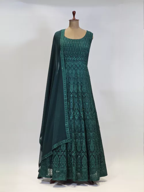 Persian Green Kashmiri Embroidered Georgette Long Party Gown EXC8479 - Patel Brothers NX