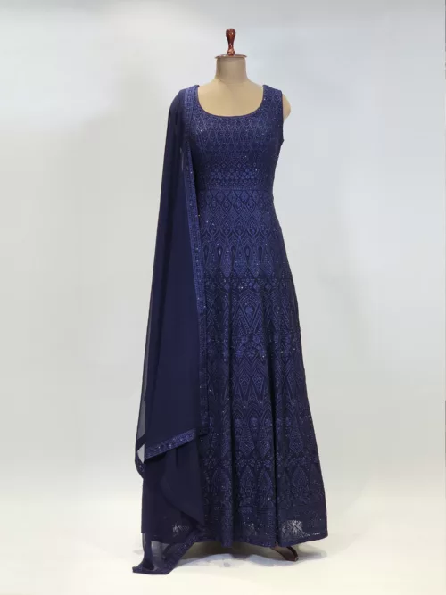 Dark Ink Blue Kashmiri Embroidered Georgette Long Party Gown EXC8479 - Patel Brothers NX