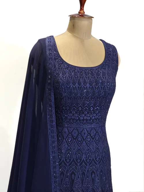 Dark Ink Blue Kashmiri Embroidered Georgette Long Party Gown EXC8479 - Patel Brothers NX 2