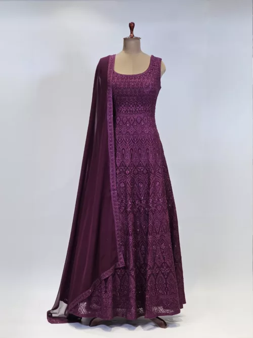 Cherry Wine Kashmiri Embroidered Georgette Long Party Gown EXC8479 - Patel Brothers NX