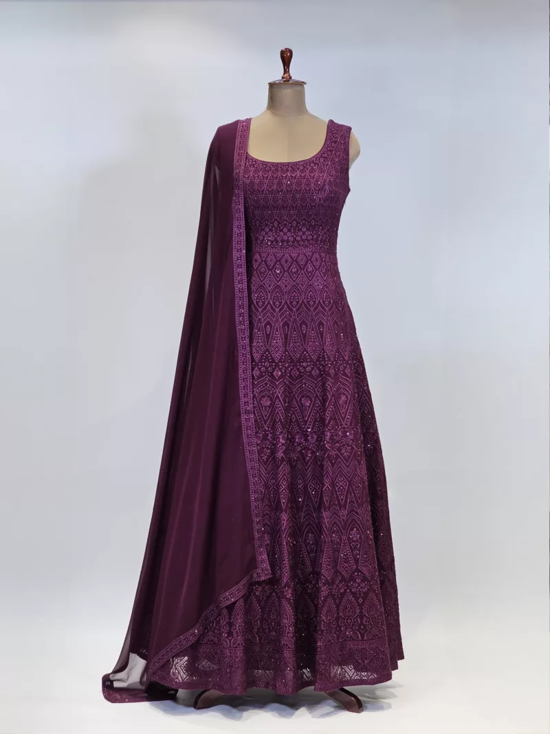 Cherry Wine Kashmiri Embroidered Georgette Long Party Gown EXC8479 - Patel Brothers NX 3