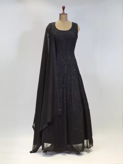 Jet Black Kashmiri Embroidered Georgette Party Gown EXC8485 - Patel Brothers NX