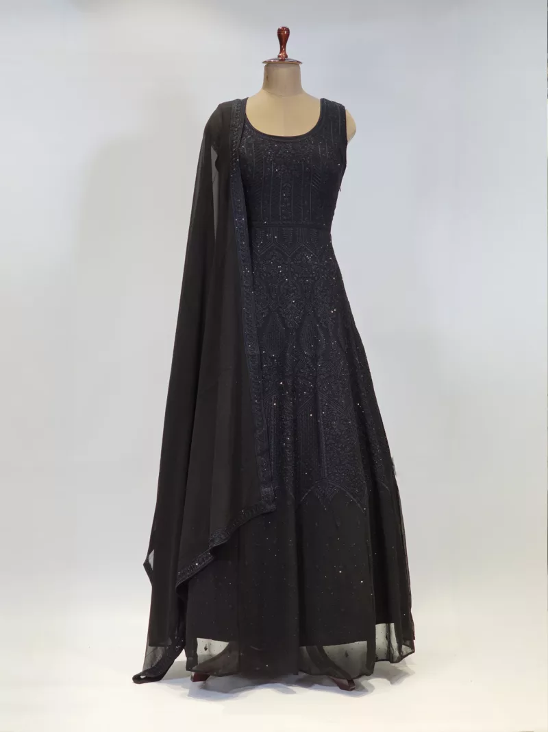 Jet Black Kashmiri Embroidered Georgette Party Gown EXC8485 - Patel Brothers NX 3