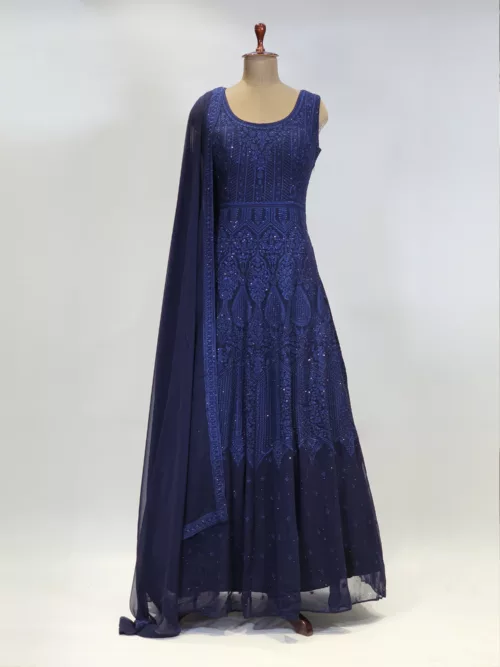 Dark Ink Blue Kashmiri Embroidered Georgette Party Gown EXC8485 - Patel Brothers NX