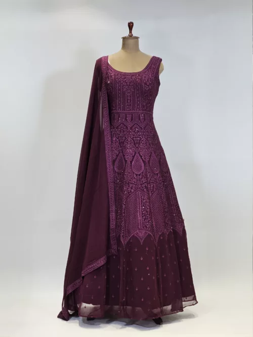 Cherry Wine Kashmiri Embroidered Georgette Party Gown EXC8485 - Patel Brothers NX