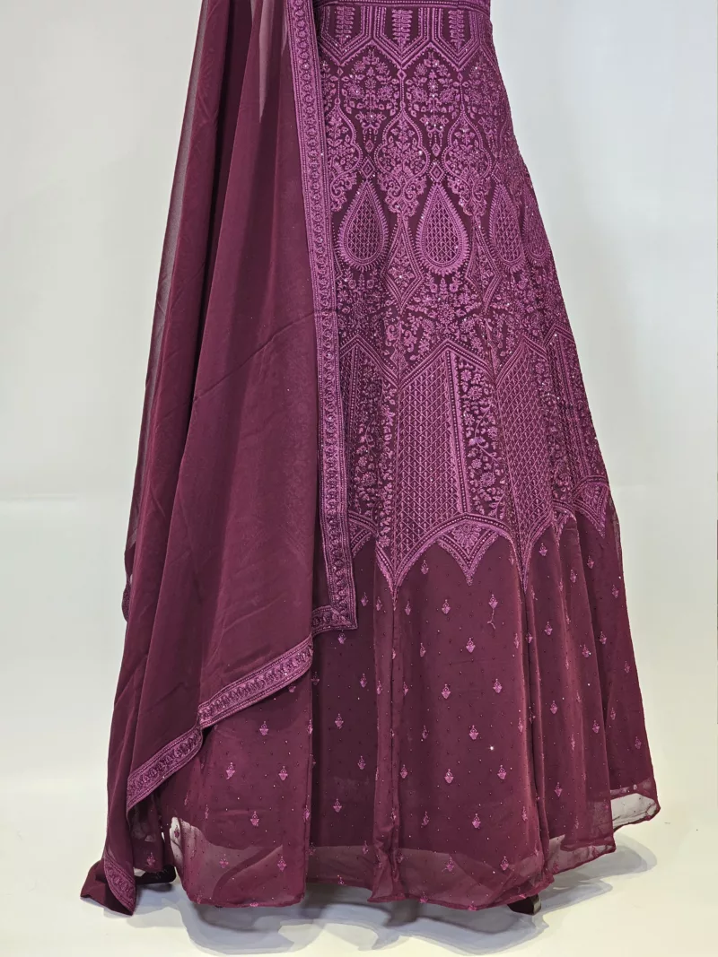 Cherry Wine Kashmiri Embroidered Georgette Party Gown EXC8485 - Patel Brothers NX 5