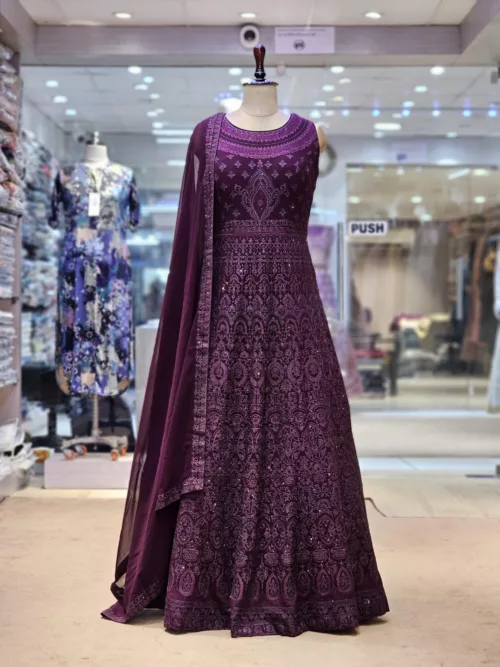 Dark Wine Kashmiri Embroidered Anarkali Gown EXC8487 - Patel Brothers NX