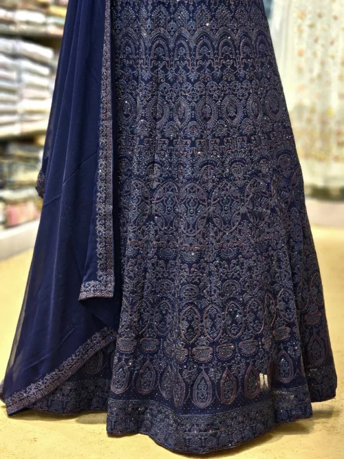 Dark Blue Self Intricate Kashmiri Embroidered Anarkali Gown EXC8487 - Patel Brothers NX 4