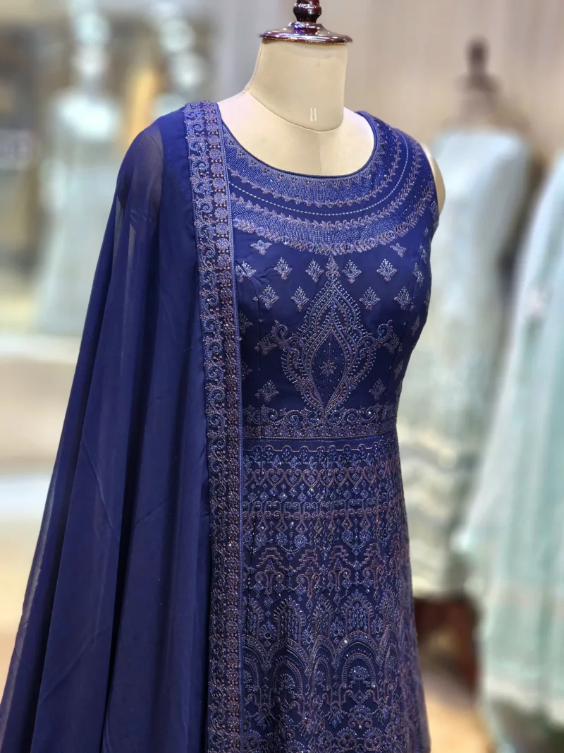 Dark Blue Self Intricate Kashmiri Embroidered Anarkali Gown EXC8487 - Patel Brothers NX 4