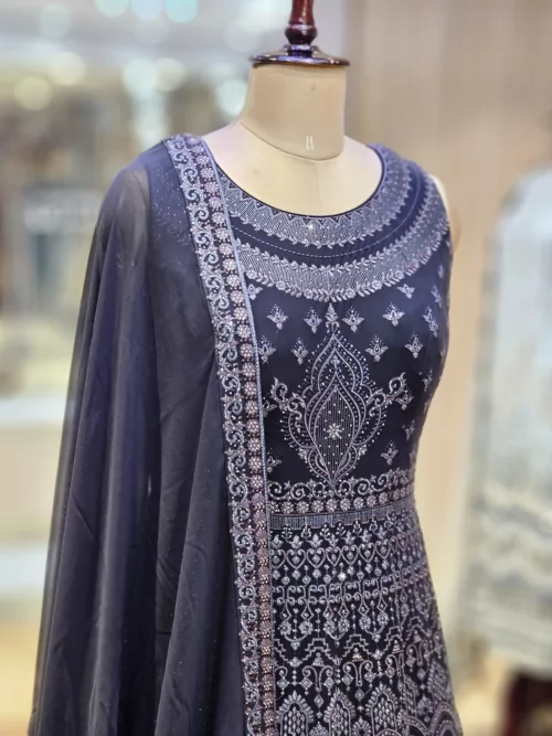 Dark Gray Kashmiri Embroidered Georgette Anarkali Gown EXC8487 - Patel Brothers NX 2