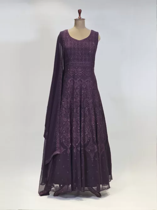 Dark Burgundy Wine Kashmiri Mughal Style Embroidered Party Gown EXC8602 - Patel Brothers NX