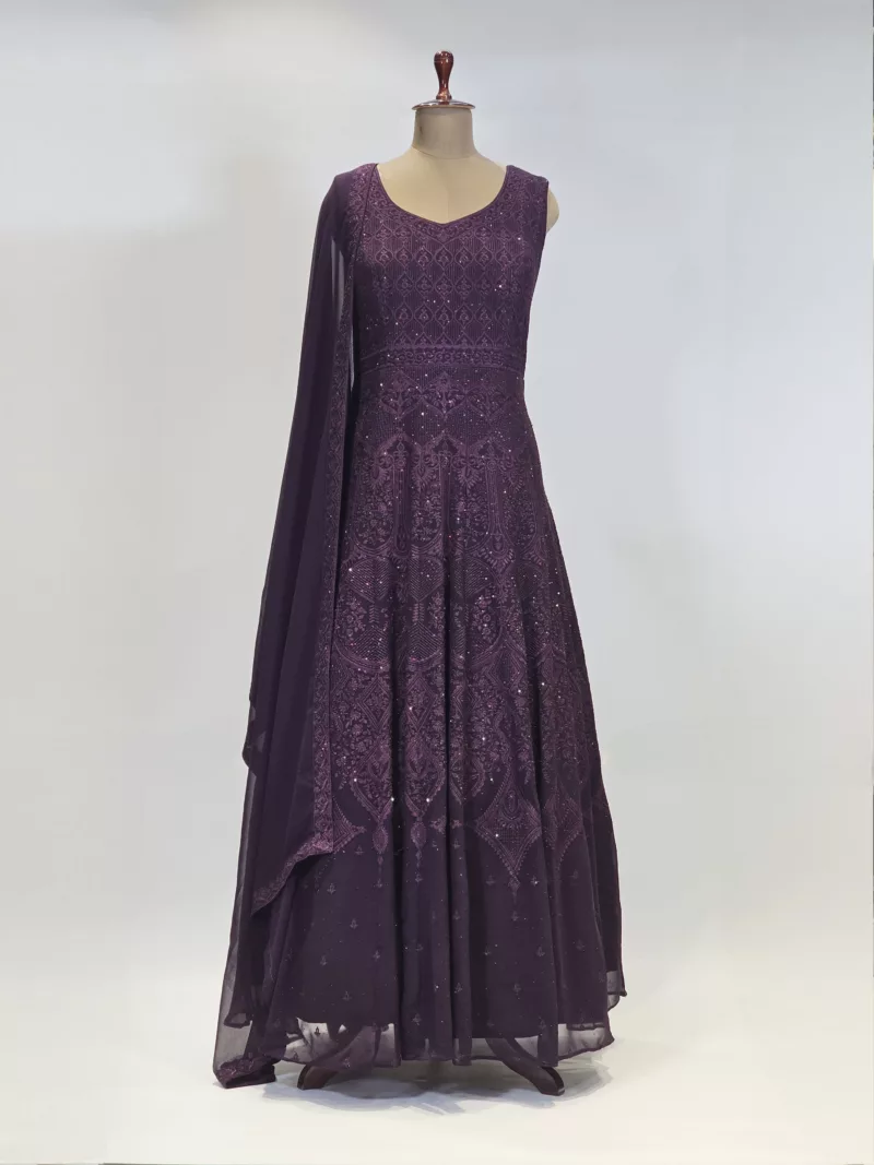 Dark Burgundy Wine Kashmiri Mughal Style Embroidered Party Gown EXC8602 - Patel Brothers NX 3