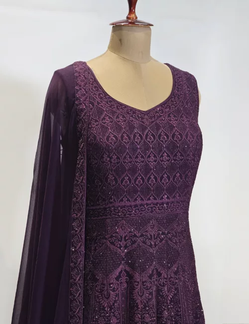 Dark Burgundy Wine Kashmiri Mughal Style Embroidered Party Gown EXC8602 - Patel Brothers NX 2