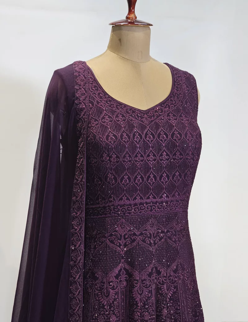 Dark Burgundy Wine Kashmiri Mughal Style Embroidered Party Gown EXC8602 - Patel Brothers NX 4