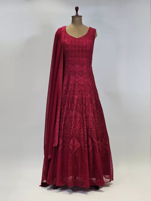 Cherry Red Kashmiri Mughal Style Embroidered Party Gown EXC8602 - Patel Brothers NX