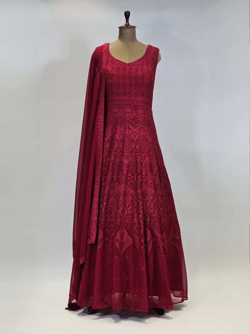 Cherry Red Kashmiri Mughal Style Embroidered Party Gown EXC8602 - Patel Brothers NX 3