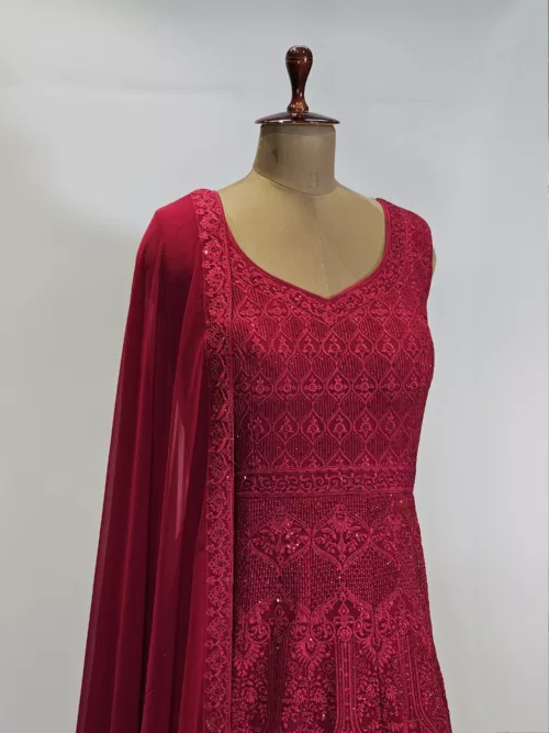 Cherry Red Kashmiri Mughal Style Embroidered Party Gown EXC8602 - Patel Brothers NX 2