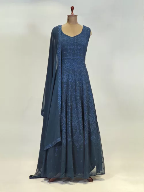 Dark Sapphire Blue Kashmiri Mughal Style Embroidered Party Gown EXC8602 - Patel Brothers NX