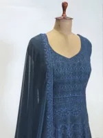 Dark Sapphire Blue Kashmiri Mughal Style Embroidered Party Gown EXC8602 - Patel Brothers NX 7