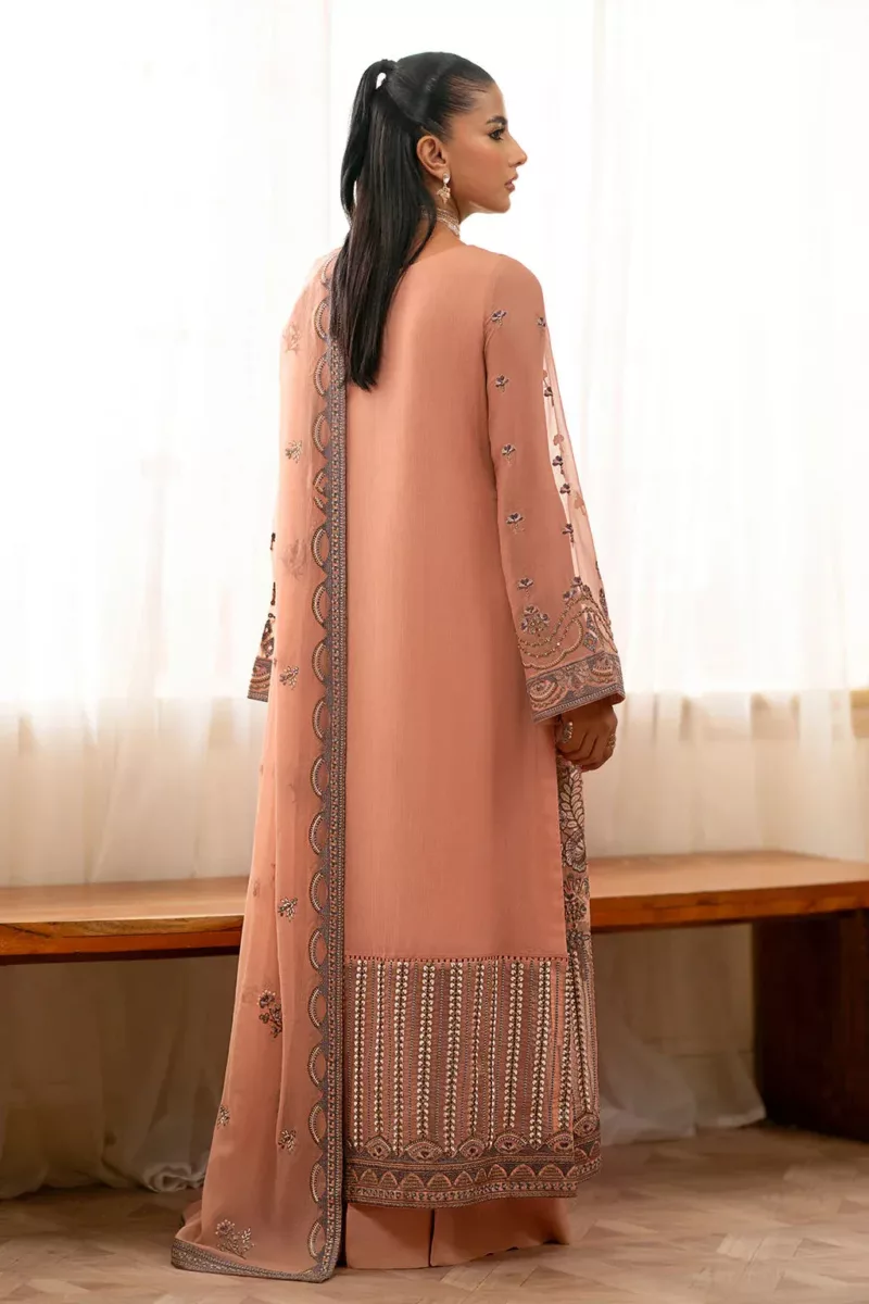 Peach Brown Chiffon Unstitched Long Suit with Rich Fancy Embroidery - Patel Brothers NX 5